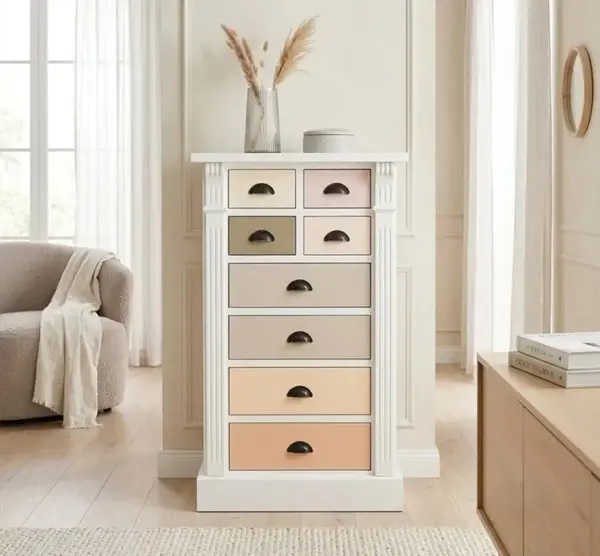 Comoda cu 8 sertare, Colectia Directoire cu finisaj Signal White/Multicolor