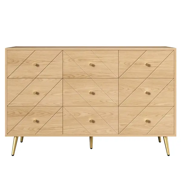Comodă cu 9 sertare, cu mult spațiu de depozitare, modele geometrice, 120x39x80 cm, Culoare naturală