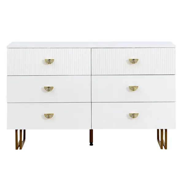 Comodă modernă cu 6 sertare, mânere tip evantai și picioare din oțel, mult spațiu de depozitare, 120x40x75 cm, Alb