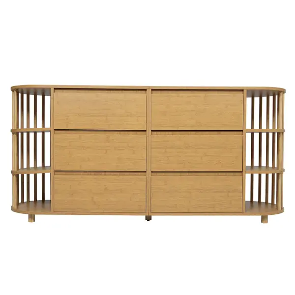 Comodă Sideboard, 6 sertare & rafturi deschise, design în stil roman cu coloane & rafturi din bambus, 160x40x75 cm, Culoare naturală