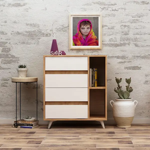 Comoda Tsela, 4 Sertare, 2 Rafturi, Stejar, 70x86x40 cm