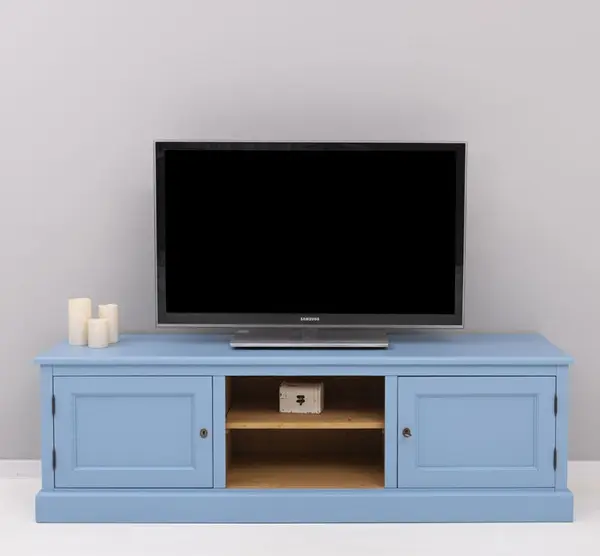 Comoda TV 2 usi, 1 raft cu finisaj Sky Blue/Light Walnut Waxed