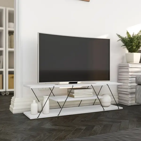 Comoda Tv Alparslan cu Raft, Alb - Gri, 120x33x30 cm