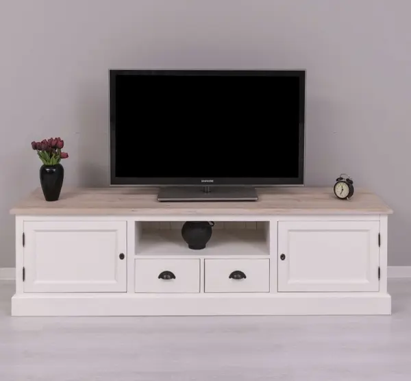 Comoda TV cu 2 sertare, 2 usi, blat stejar, BAS cu finisaj Dublu color