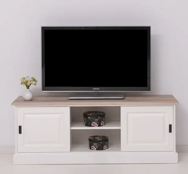 Comoda TV cu 2 usi glisante, blat stejar cu finisaj Signal White/Light Natural