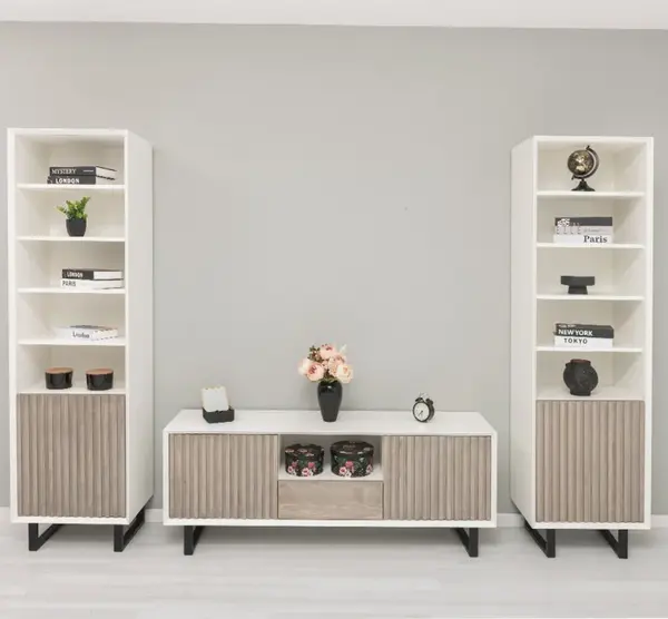 Comoda TV cu 2 usi si 1 sertar, cu 2 dulap cu 1 usa 'Slatted' - Culoare Corp_P039 - Culoare Usi si Sertare_P037 - DUBLU COLOR cu finisaj Vopsit