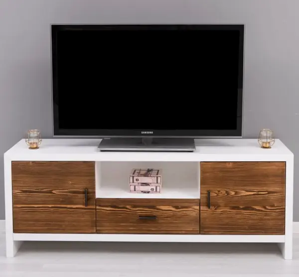 Comoda TV cu 2 usi si 1 sertar 'Rustic Haven' cu finisaj White/Chestnut Brown