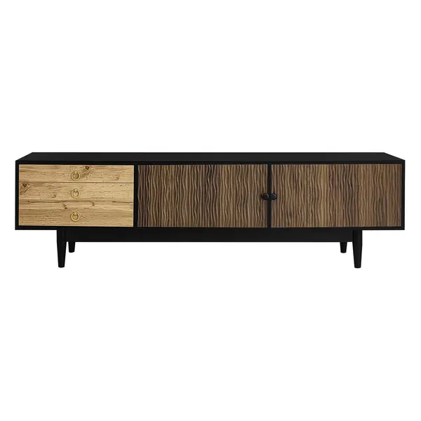 Comodă TV cu 2 uși și 3 sertare, panouri ale ușilor cu model unic în valuri, 180x38x50 cm, Culoare naturală