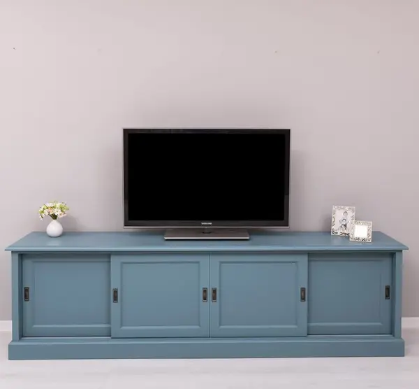 Comoda TV cu 4 usi glisante, BAS cu finisaj Dusty Blue/Honey Brown