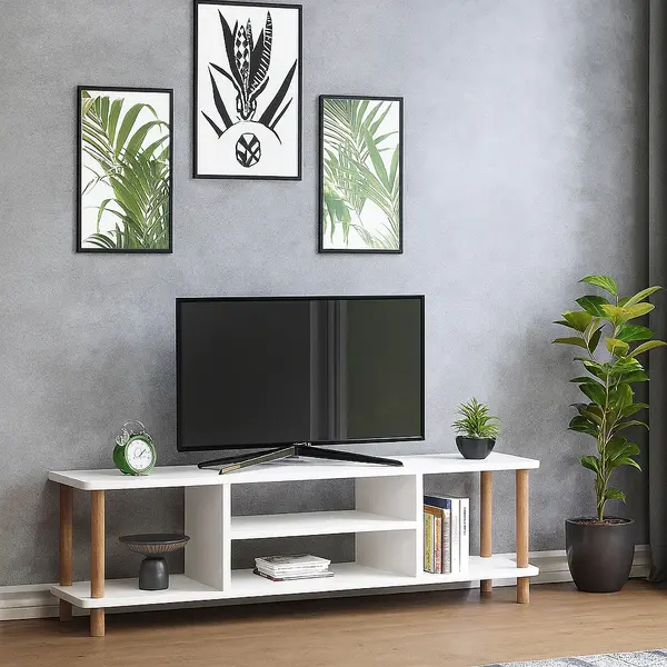 Comoda TV cu rafturi, 120 cm, model cu picioare din lemn