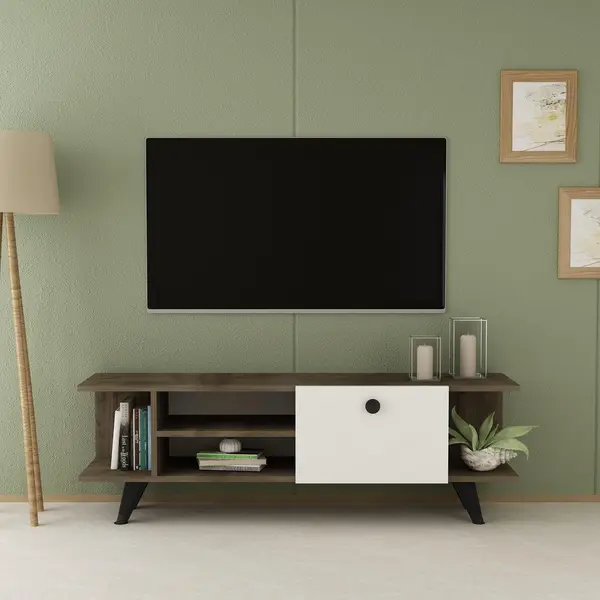 Comoda TV Fantery cu Rafturi si Usa, Nuc - Stejar, 120x45x30 cm