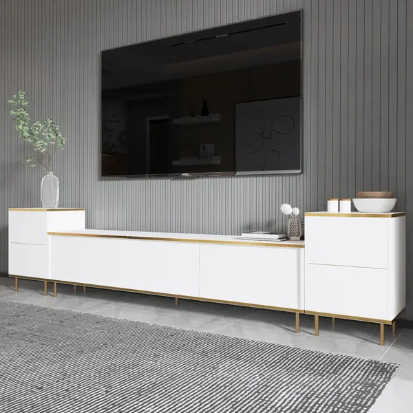 Comoda Tv Imag, Marmura, Alb, 260x60x35 cm