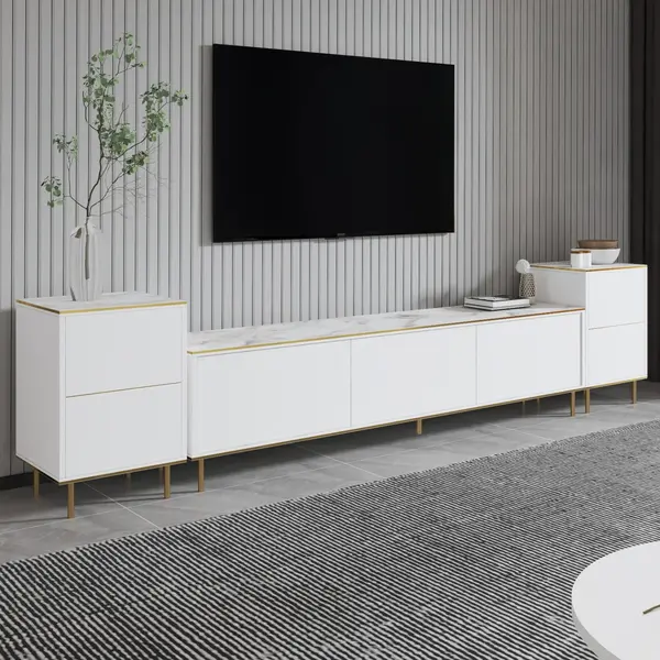 Comoda Tv Imag, Marmura, Alb, 260x60x35 cm