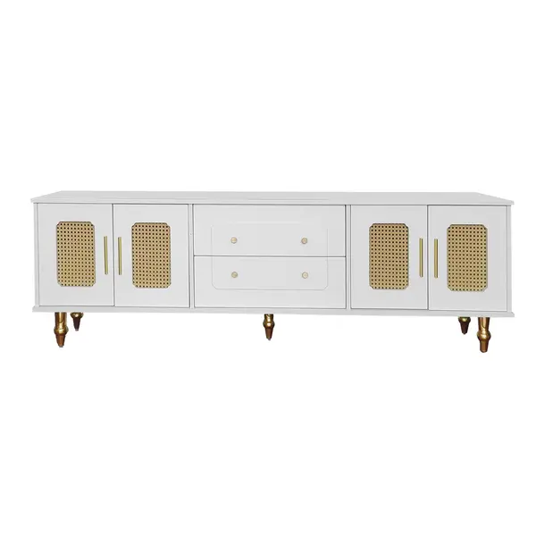 Comodă TV în stil retro cu mânere aurii, uși din ratan și picioare din metal, spațiu de depozitare generos, 175x38x55,5 cm, alb