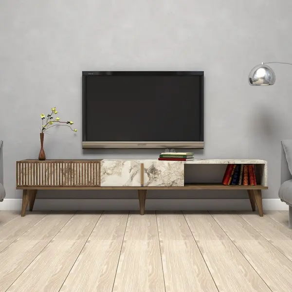 Comoda Tv Lux Elixir cu 3 Compartimente, Alb - Nuc, 180x40x35 cm