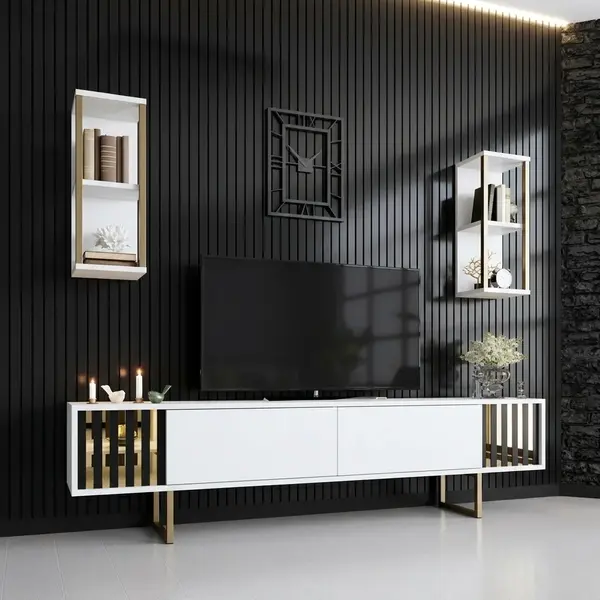 Comoda Tv Lux Gold Line Tv Stand Stylish, Alb - Nuc - Gri, 180x48x30 cm