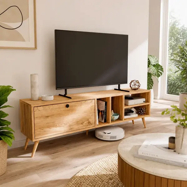 Comoda TV moderna cu rafturi, PAL E1 18 mm, 140 x 29,5 x 45 cm