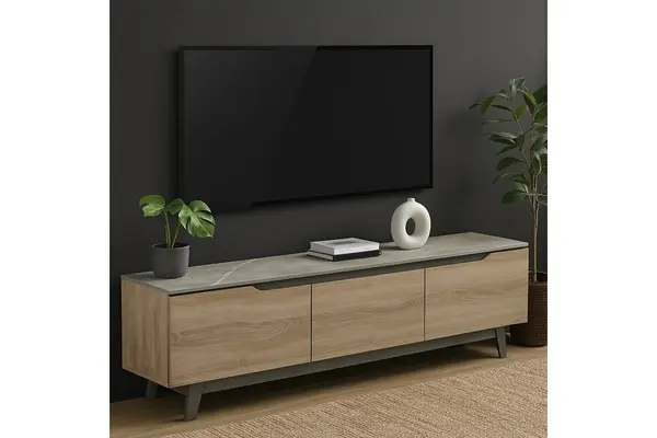 Comoda TV, Pako Word, Kasandra, Gri deschis marmura, 180 x 35 x 48 cm