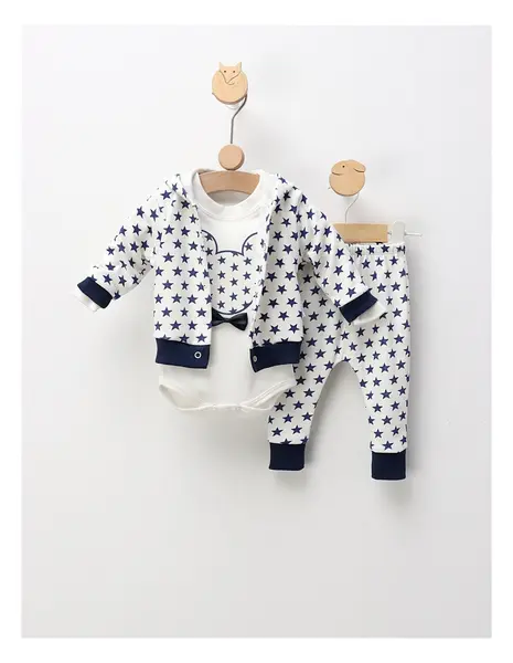 Compleu 3 piese Miky Stars, alb-bleumarin