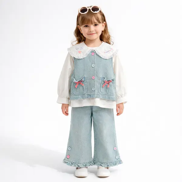 Compleu Albastru Fetite Denim Rosa - 5-6 ani