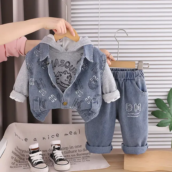Compleu Băieți 3 Piese Gri – Vestă Denim, Hanorac și Blugi - 2-3 ani