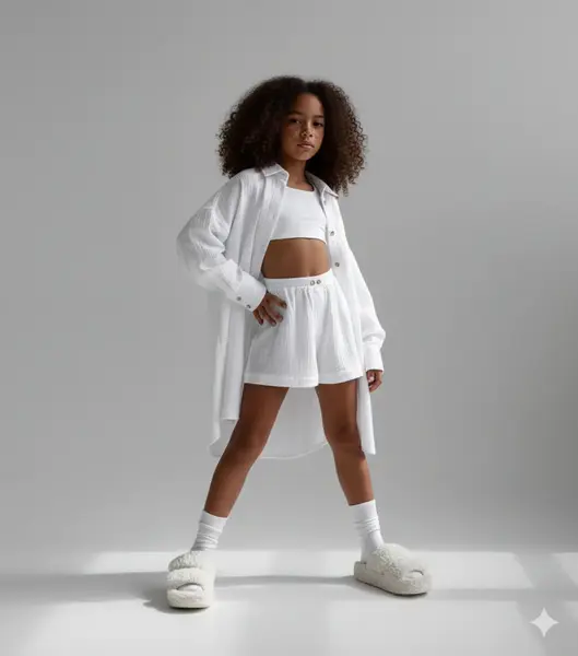 Compleu bleu din muselina cu pantaloni scurti si camasa oversize pentru fete - Defne