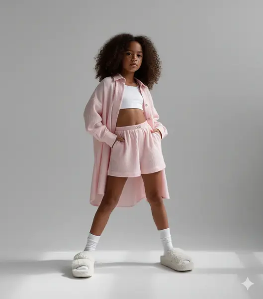 Compleu bleu din muselina cu pantaloni scurti si camasa oversize pentru fete - Defne