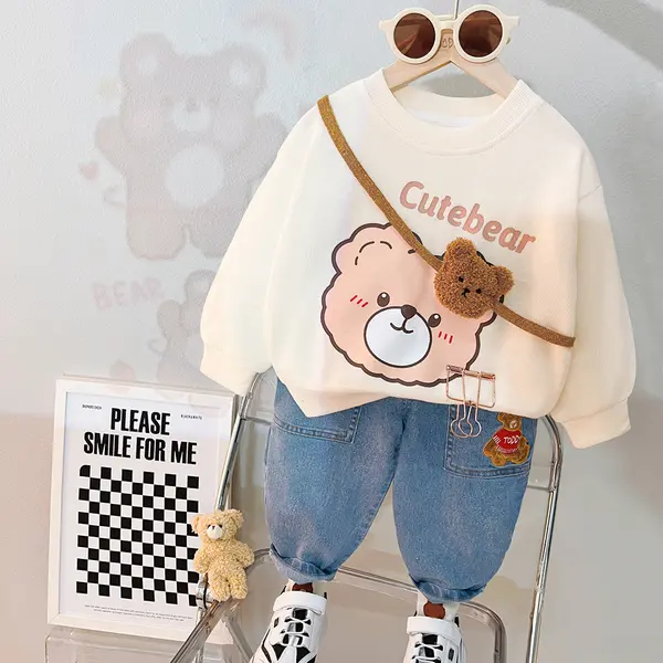 Compleu Bluza Crem si Pantaloni Albastri Cute Bear - 2-3 ani