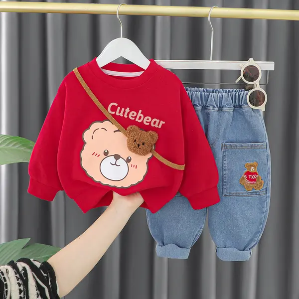 Compleu Bluza Rosie si Pantaloni Albastri Cute Bear - 18-24 luni