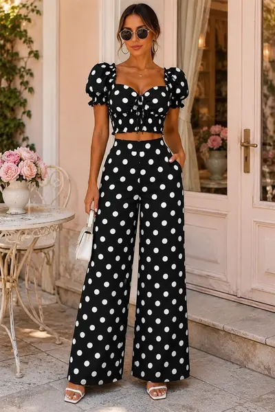 Compleu casual BRISEA, cu top scurt, bufant si pantaloni lejeri, Print Buline Negru
