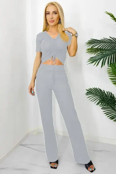Compleu casual Cassia, cu pantaloni lejeri si tricou cu snur, Gri, Marime S/M