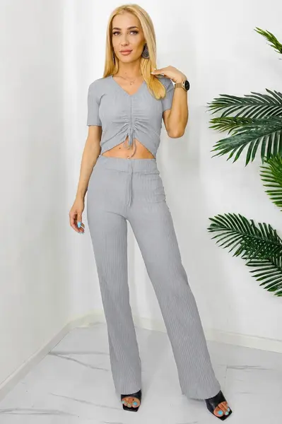 Compleu casual Cassia, cu pantaloni lejeri si tricou cu snur, Gri, Marime S/M