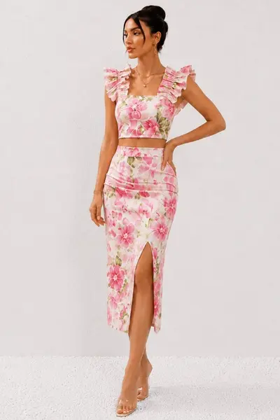 Compleu casual de vara ORLINEA, cu fusta si top bardot, Roz Floral