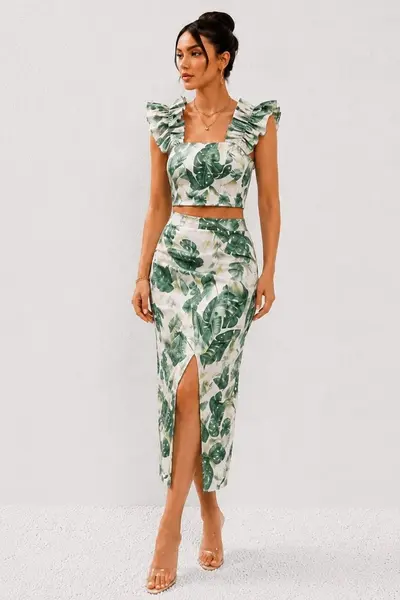 Compleu casual de vara ORLINEA fusta si top crop cu volane, Botanical Green