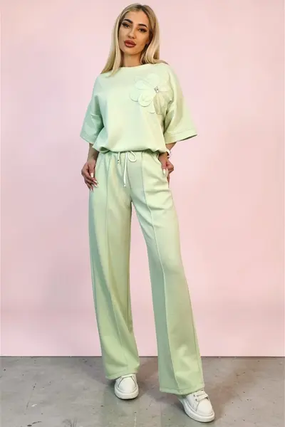 Compleu casual, doua piese Solenne, cu detaliu floral si cristale, VERNIL, Marime S/M/L