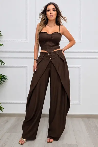 Compleu casual Maelle, cu top reglabil si pantaloni balloon, Maro Ciocolata