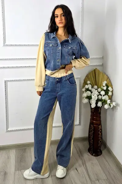 Compleu cu panou de blugi, Samya, pantaloni si jacheta hibrid, Crem, Marime S/M