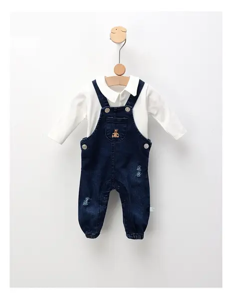 Compleu cu salopeta de blug+bluza, alb-albastru