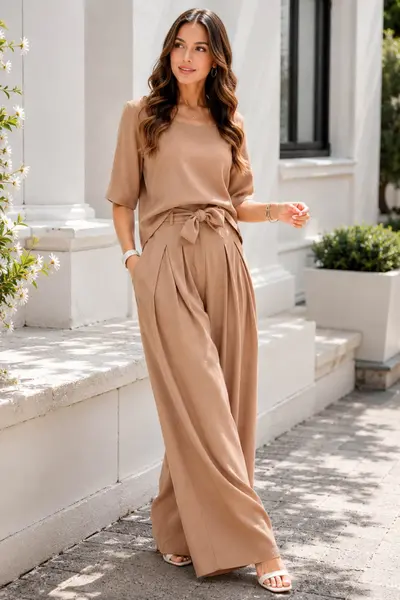 Compleu dama bej din vascoza cu pantaloni evazati