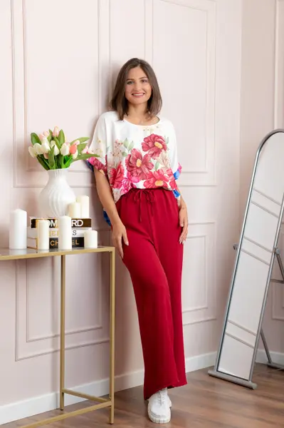 Compleu dama Deborah cu bluza vaporoasa si pantaloni largi - Grena