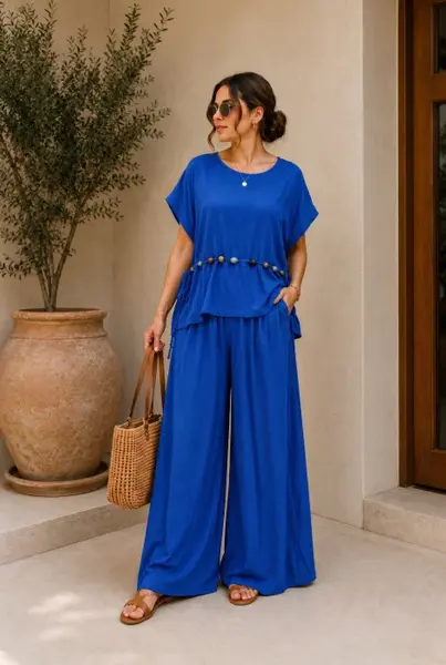 Compleu dama din vascoza cu pantaloni palazzo si bluza lejera cu margele, albastru electric