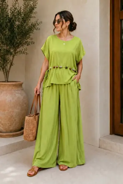 Compleu dama din vascoza cu pantaloni palazzo si bluza lejera cu margele, verde crud