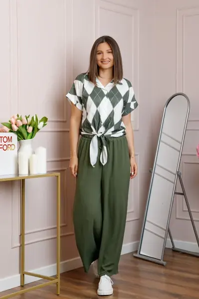 Compleu dama kaki cu pantaloni largi si bluza cu nod Candice