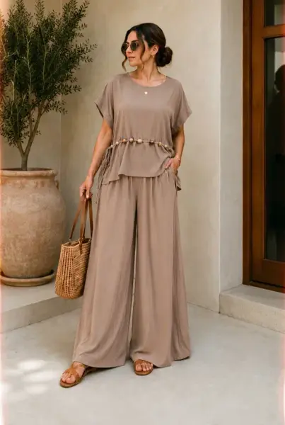 Compleu dama, masura mare, din vascoza cu pantaloni palazzo si bluza lejera cu margele, bej inchis