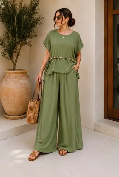 Compleu dama, masura mare, din vascoza cu pantaloni palazzo si bluza lejera cu margele, kaki
