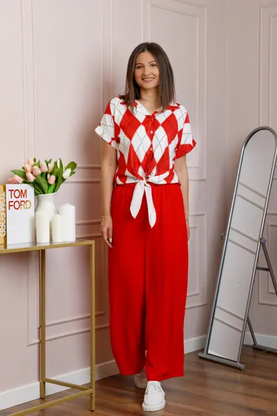 Compleu dama rosu cu pantaloni largi si bluza cu nod Candice