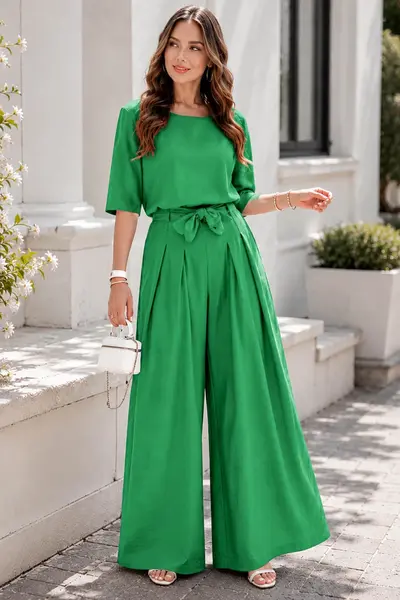 Compleu dama verde din vascoza cu pantaloni evazati