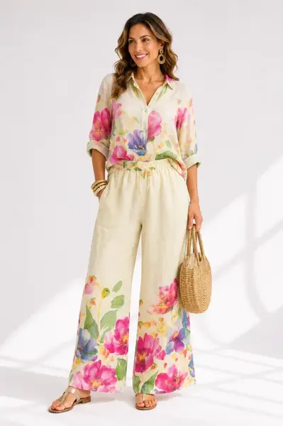 Compleu din in cu imprimeu floral acuarela, camasa lejera si pantaloni palazzo, galben pai