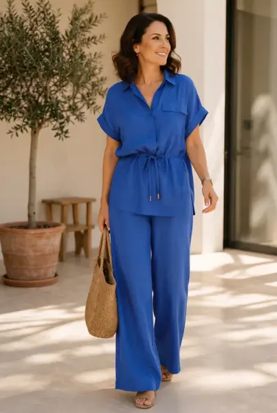 Compleu din vascoza cu pantaloni palazzo si bluza cu cordon, albastru electric