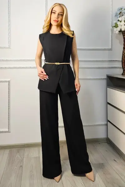 Compleu elegant Kareea, vesta lunga asimetrica si pantaloni lejeri cu buzunare, Negru
